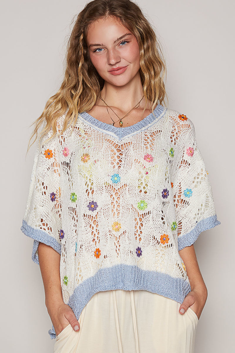 Pull en Tricot Petite Fleur Blanc