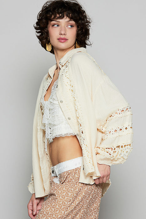Blouse Manche Ample Boho Dentelle Naturel
