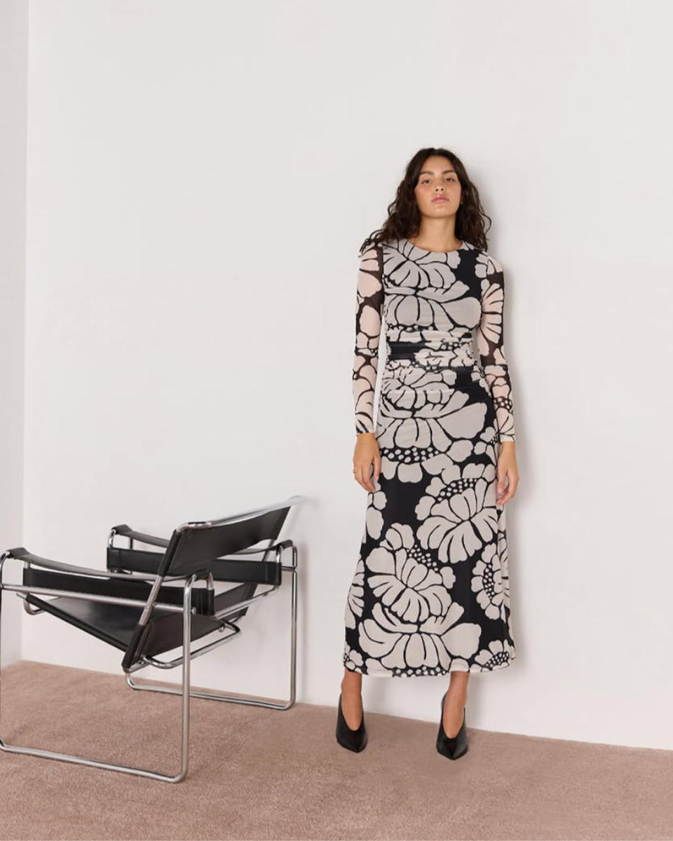 PERSEPHONE MESH MAXI DRESS - BLACK & WHITE FLORAL MINKPINK