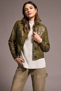 FAUX LEATHER BUTTON-FRONT COLLAR-ACCENT JACKET