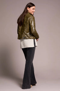 FAUX LEATHER BUTTON-FRONT COLLAR-ACCENT JACKET