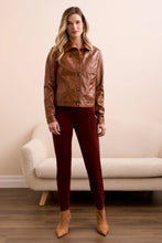FAUX LEATHER BUTTON-FRONT COLLAR-ACCENT JACKET BRUN
