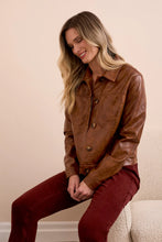 FAUX LEATHER BUTTON-FRONT COLLAR-ACCENT JACKET BRUN