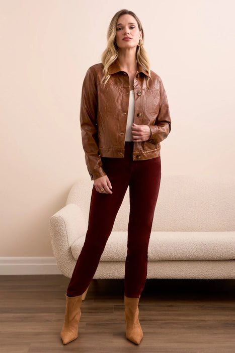 FAUX LEATHER BUTTON-FRONT COLLAR-ACCENT JACKET BRUN