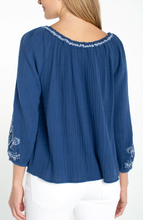Top Manche 3\4 Broderie Bleu