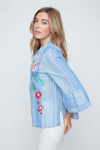 Blouse Manche 3/4 Rayure Bleu Combo avec Broderie