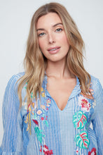 Blouse Manche 3/4 Rayure Bleu Combo avec Broderie