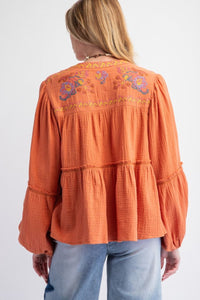 Blouse en Gaze Brodé Vintage Rust