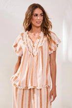 Chemisier à manches courtes et col en V smocké en lin texturé